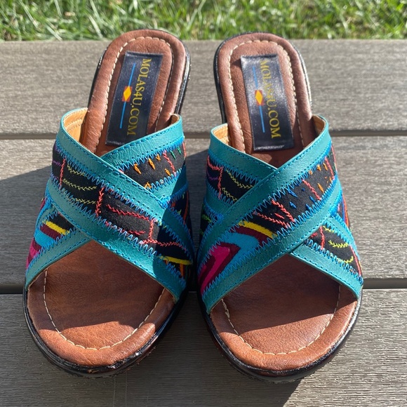 Handmade wooden heel, fabric wedges. Open toed. - Picture 2 of 4